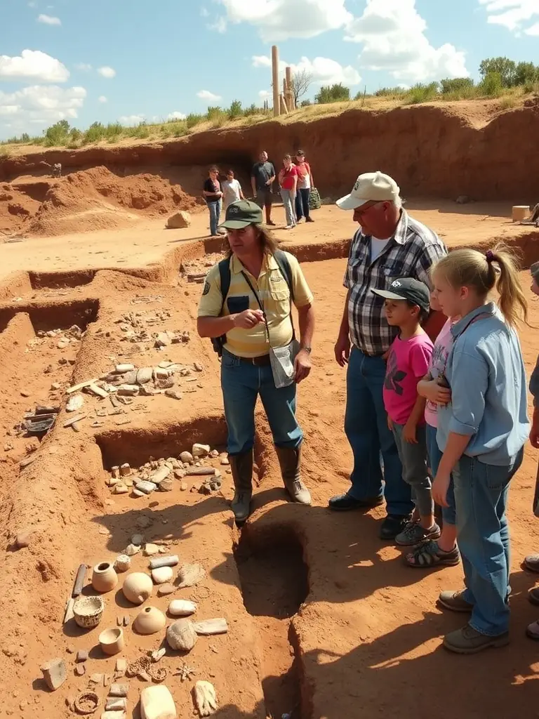 A photograph of archaeologists giving a guided tour of an excavation site to a group of students, focusing on explaining the historical significance of the artifacts found.