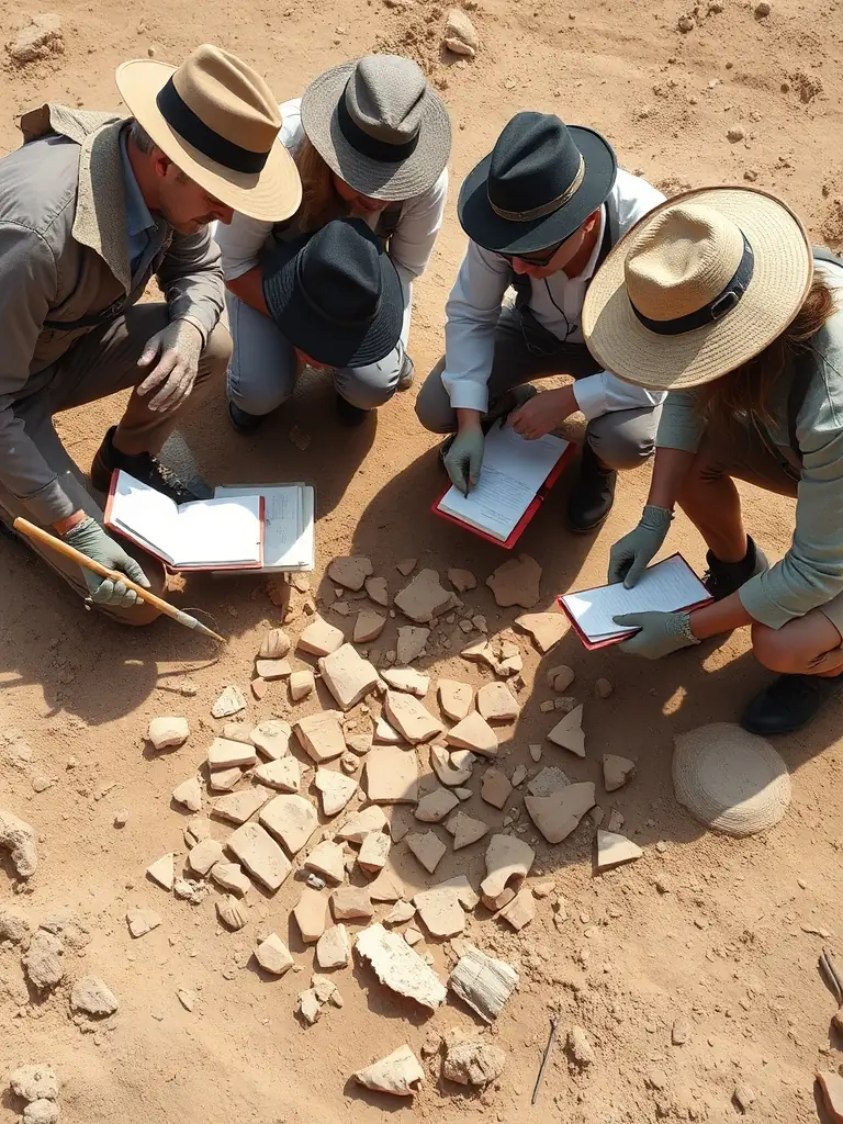 A photograph of a team of archaeologists carefully examining and documenting ancient pottery shards at a dig site in Provence.