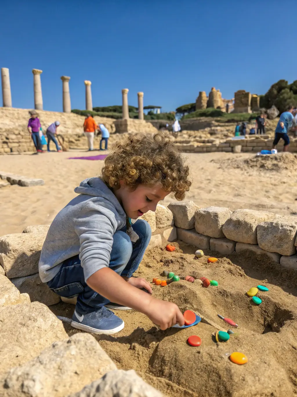 A vibrant scene from a public archaeology day, with families participating in simulated digs and learning about local history from ASSOCIATION ARCHEOLOGIQUE DE PROVENCE members.