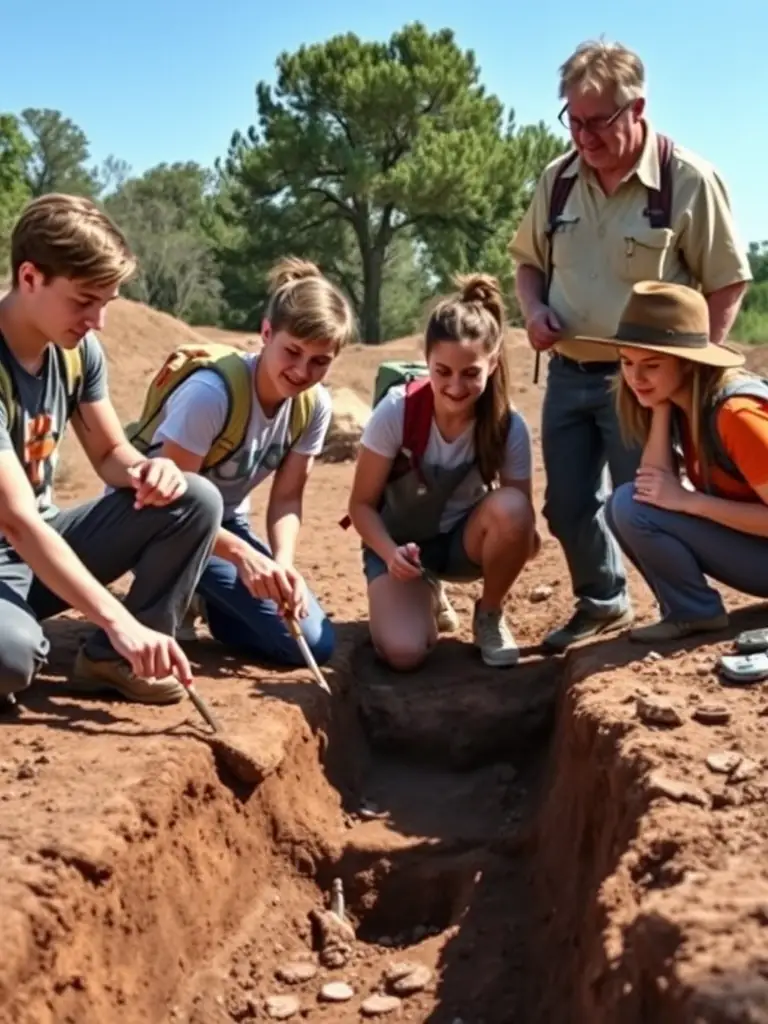 A group of students participating in an archaeological workshop with expert guidance at an archaeological site in Provence.