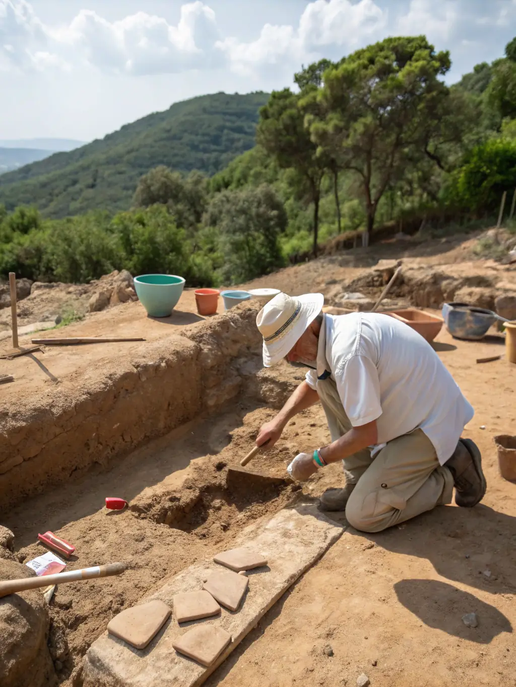 A photograph of archaeologists carefully excavating a Roman-era mosaic floor in a field in Provence, France, under the supervision of a senior archaeologist.