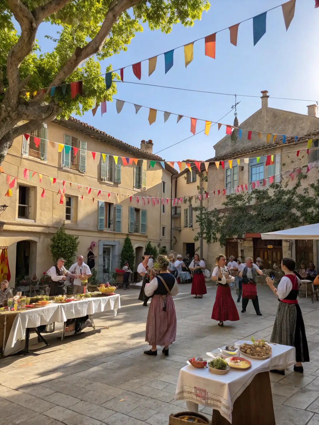 A lively heritage festival with displays, speakers, and visitors exploring archaeological artifacts in a town square in Provence.