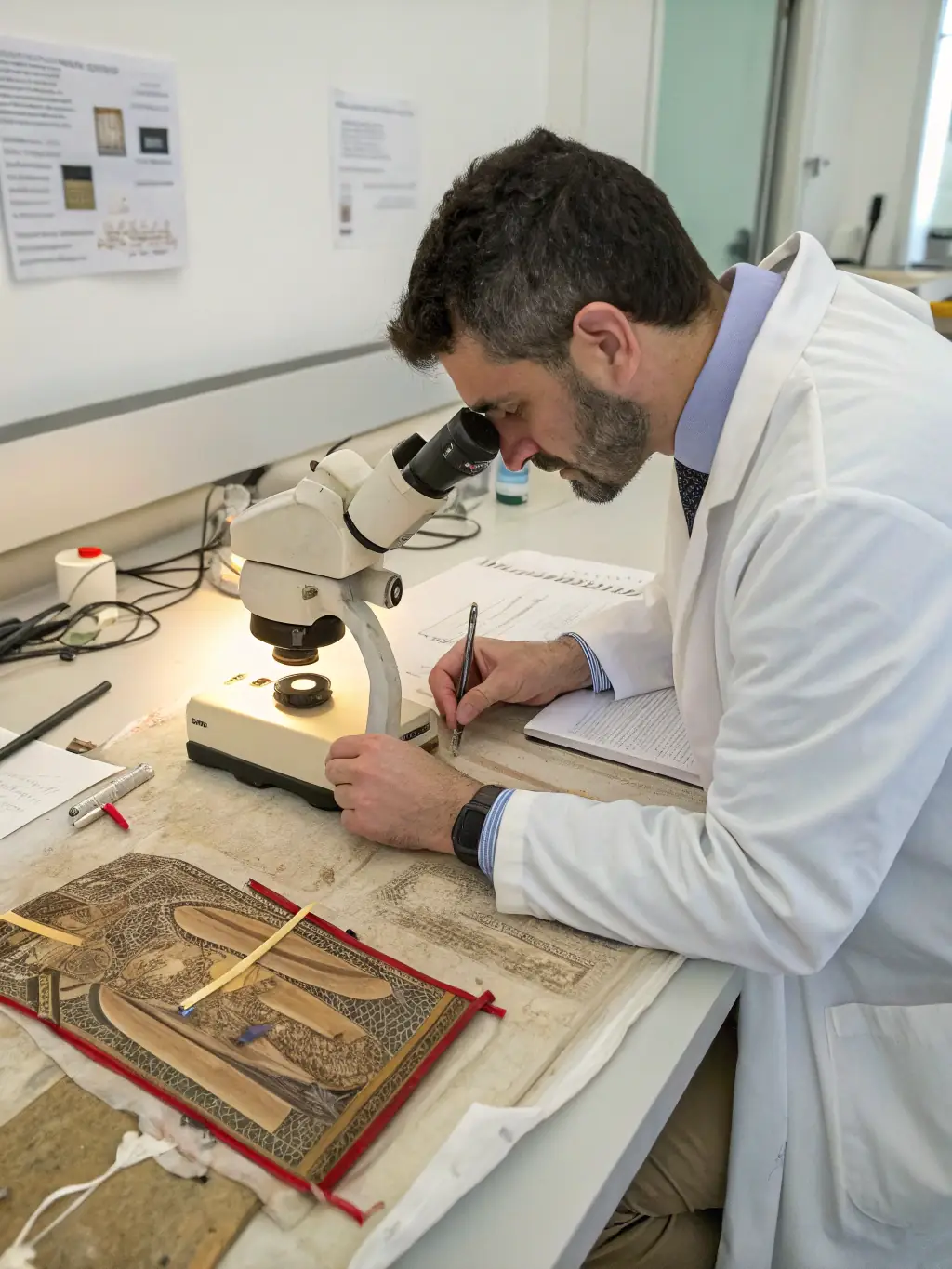 A researcher carefully examining a newly discovered ancient pottery shard in a laboratory setting, using advanced imaging technology.