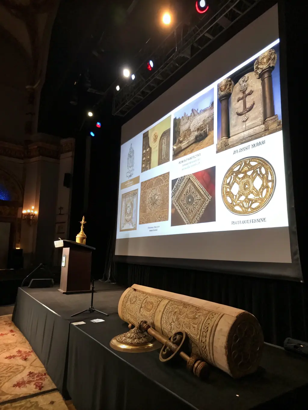 A photograph of a lecture hall where an archaeologist is giving a presentation on the conservation efforts of the Association Archéologique de Provence.