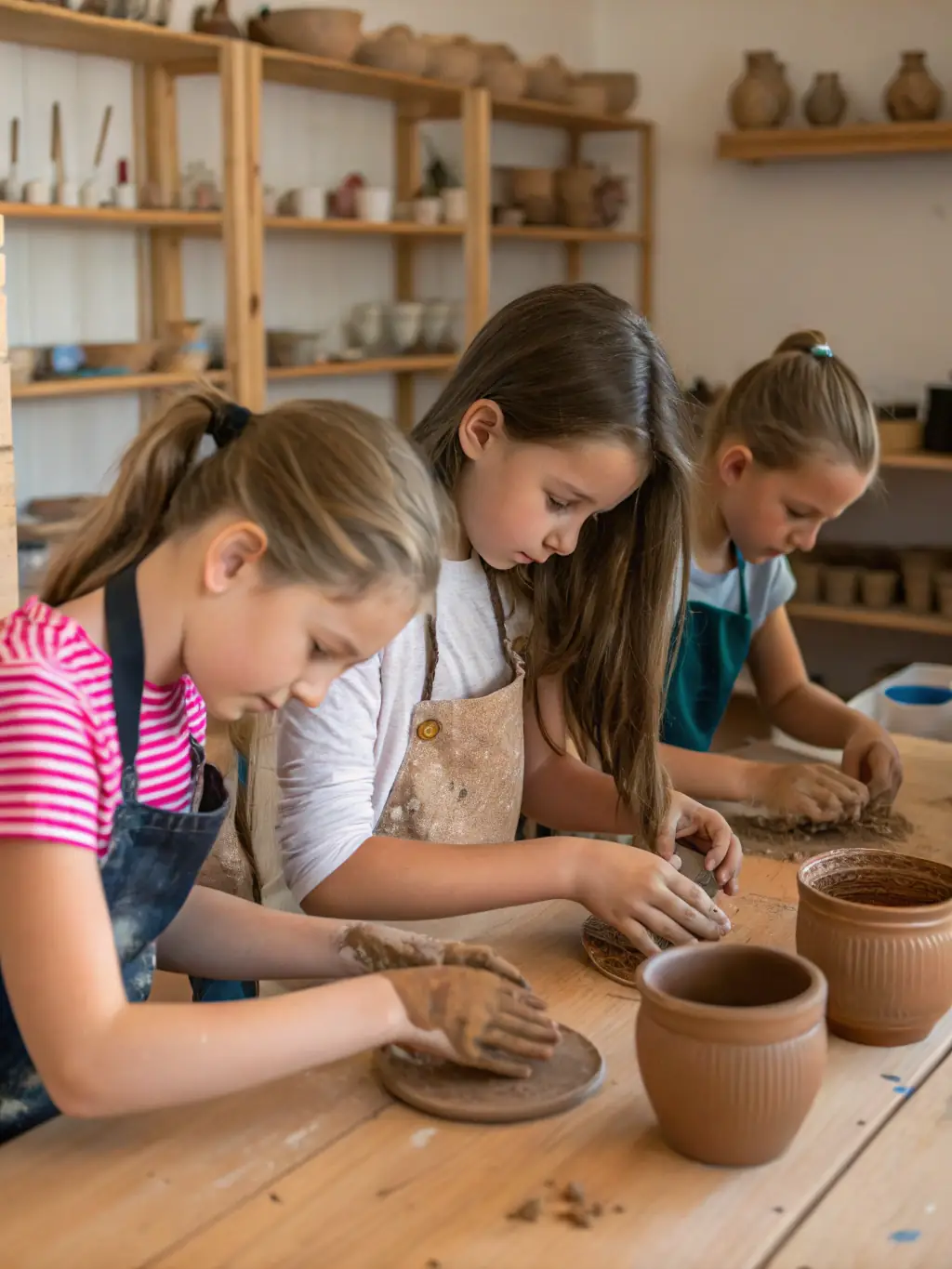 A group of children participating in a hands-on pottery reconstruction workshop, learning about ancient techniques and the importance of preserving artifacts.